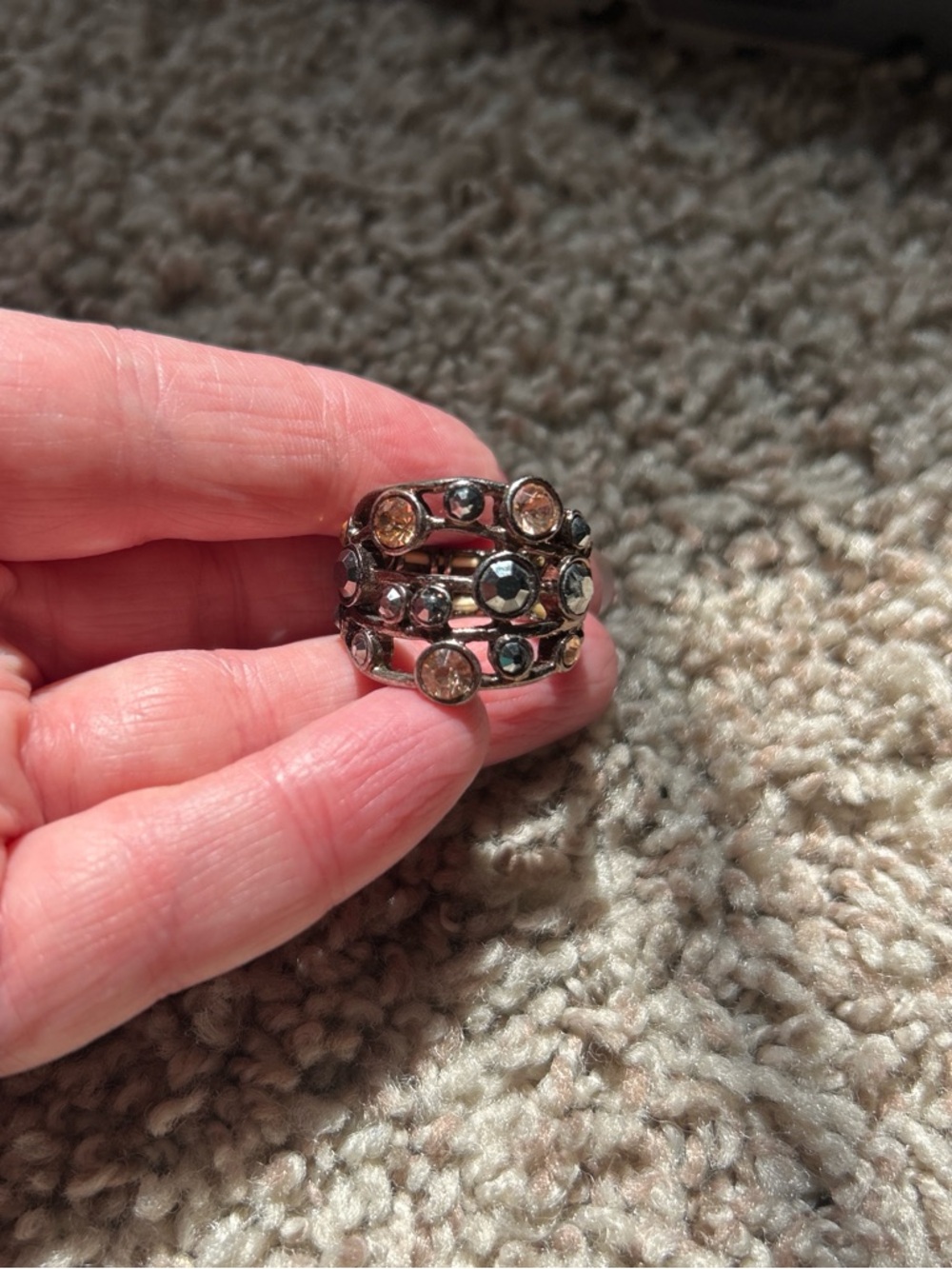 Multi-Row Hematite and Champagne Crystal Ring - Women Jewelry